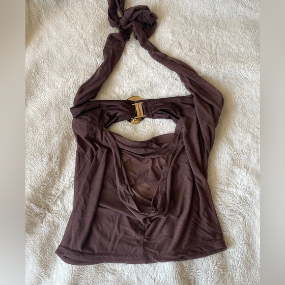 Draped Backless Halter Top with Gold Ring Detail - Brown - Picture 4 of 4